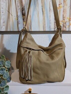EAR Papillonner Pebbled Nubuck Leather Tassel Hobo Bag - Taupe